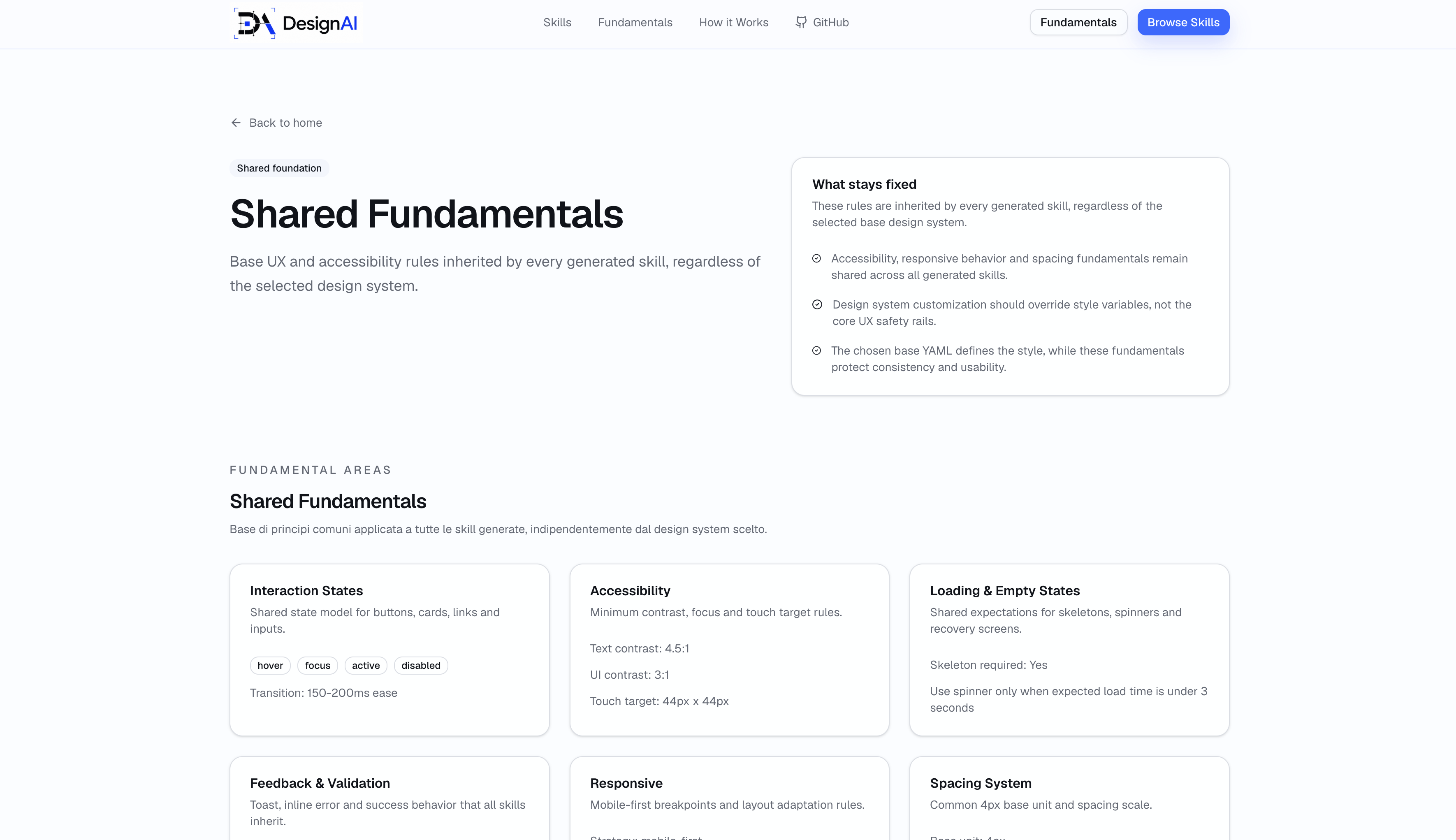 Shared fundamentals per accessibilita, stati UI, responsive e spacing