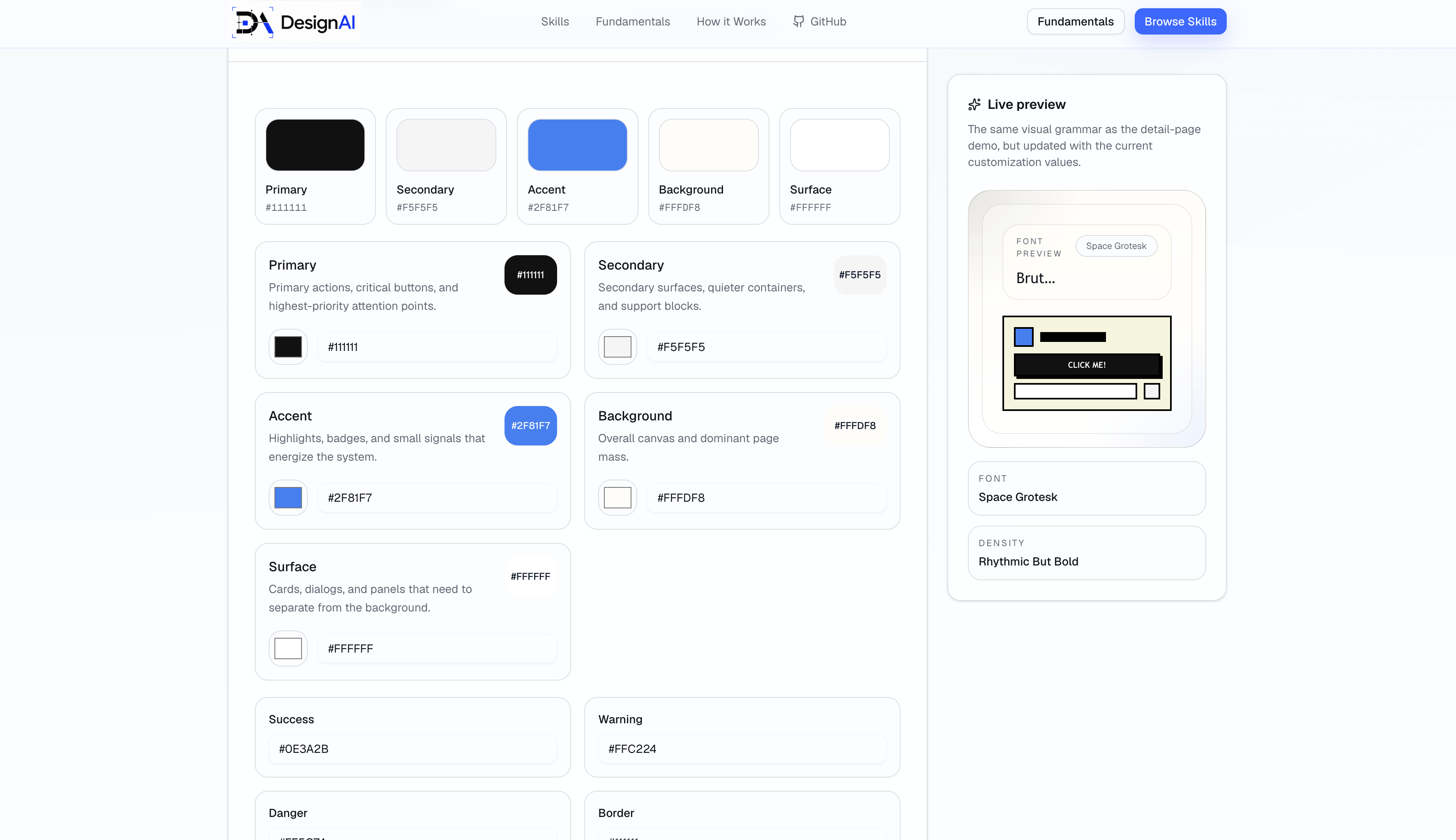 Editor skill con token colore, preview live, font e densita visiva