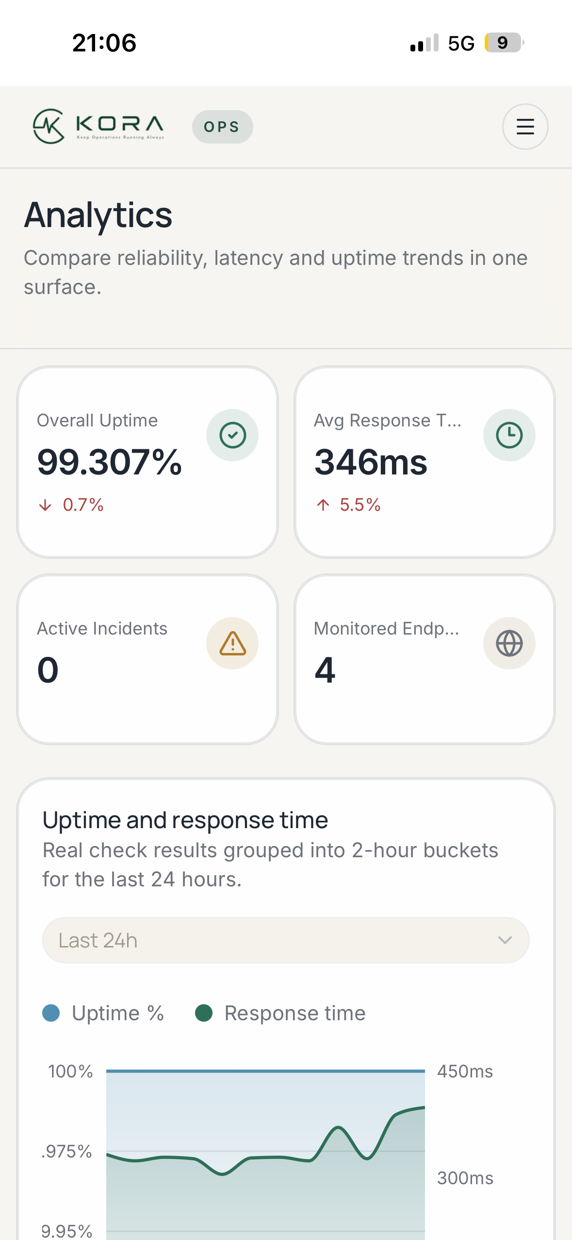 Vista mobile PWA con analytics, uptime e tempi di risposta
