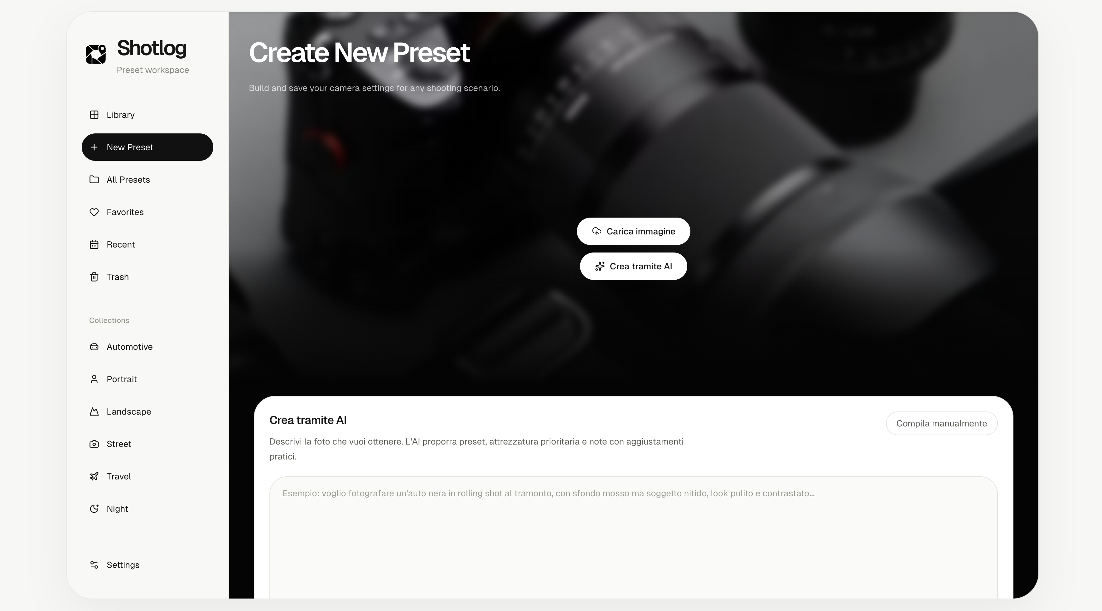 Creazione preset tramite AI partendo da una descrizione dello scatto desiderato