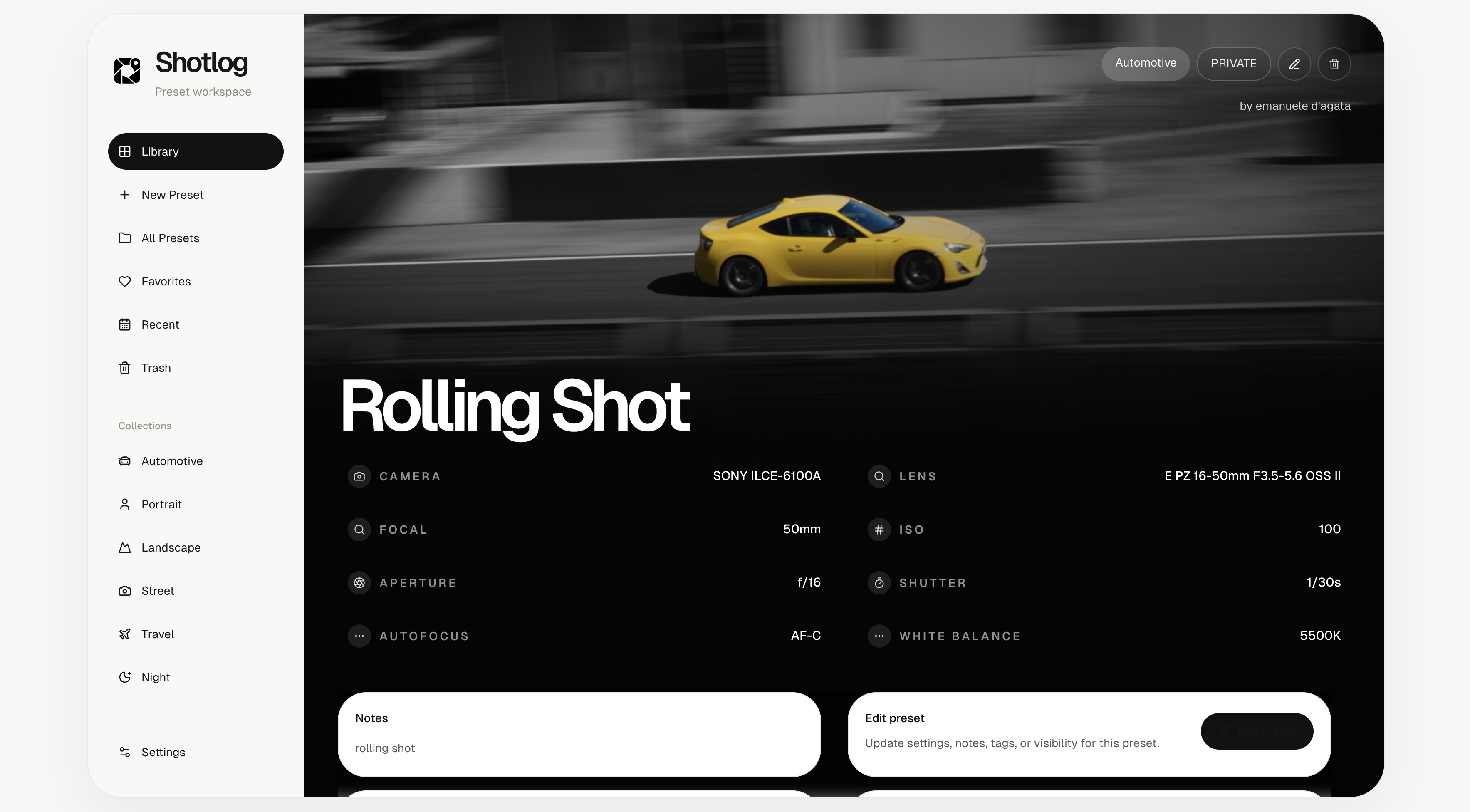 Dettaglio preset con immagine hero, dati camera e parametri di scatto